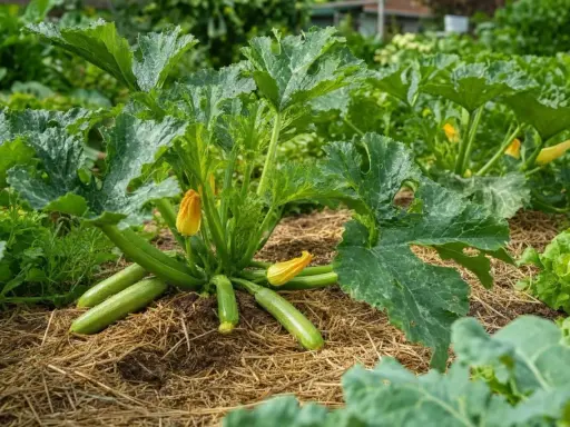 Courgettes vertes et fleurs jaunes sur un paillis de paille. On se demande jusqu'à quand planter des courgettes pour une récolte abondante.