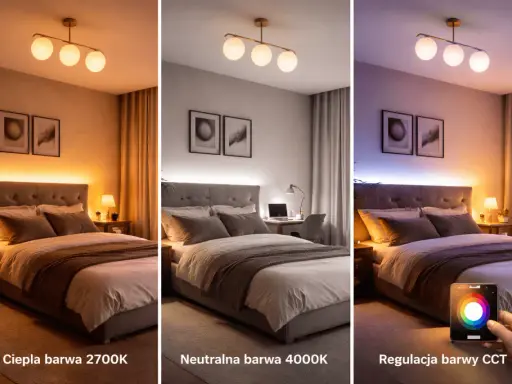 Sypialnia z różnymi barwami światła: ciepła 2700K, neutralna 4000K i regulacja CCT. Lumeny i barwa światła dostosowane do nastroju.