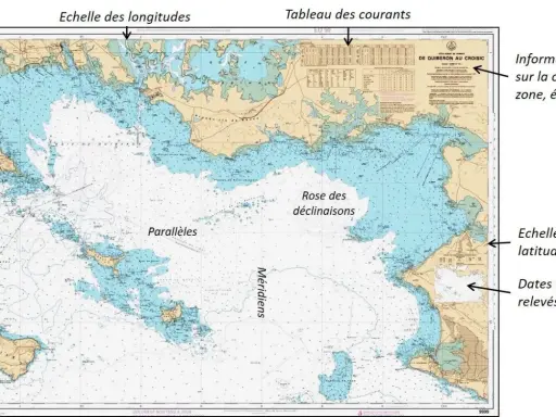 Carte bathymétrique de la baie de Quiberon, montrant les profondeurs, les parallèles, les méridiens, la rose des vents et les informations sur la zone et l'échelle.