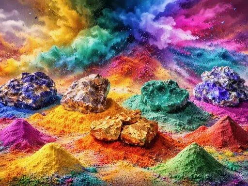 Des roches colorées reposent sur des tas de pigments organiques vibrants, évoquant un paysage de rêve.