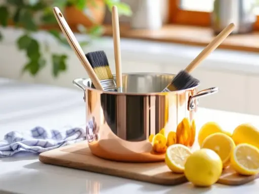 Ustensiles pour nettoyer le cuivre : une casserole en cuivre, des pinceaux et des citrons.