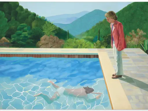 A man in a pink jacket looks down at another man swimming in a pool, a scene reminiscent of Barney Ebsworth's iconic style.