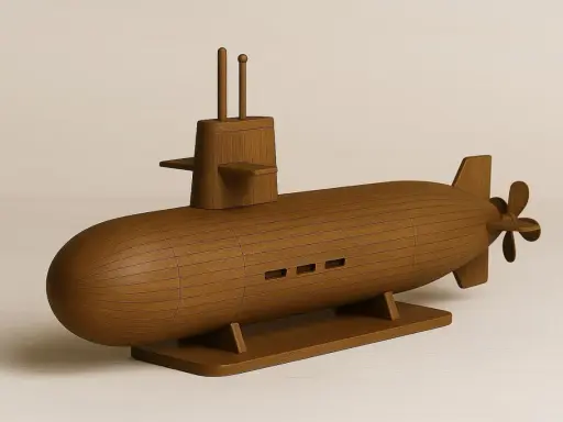 Holzmodell eines **sub boot** mit Propeller und zwei Antennen.