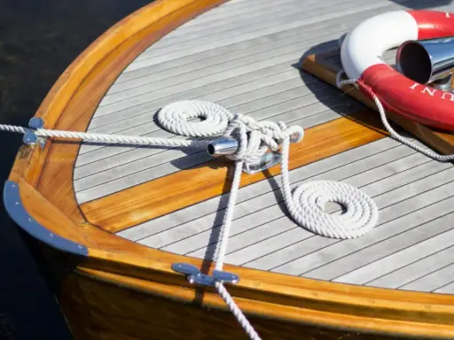 Détail d'une peinture de bateau en bois, avec cordages blancs et une bouée de sauvetage rouge et blanche.