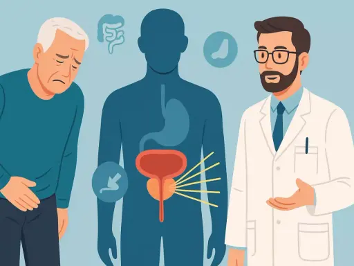 Lekarz rozmawia z pacjentem o częstomoczu po radioterapii prostaty. Widoczny problem z pęcherzem i prostatą.