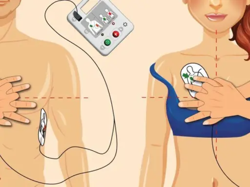 Instrukcja użycia defibrylatora serca. Elektrody przyklejane są do klatki piersiowej mężczyzny i kobiety, zgodnie z rysunkami.