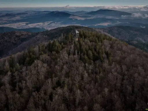 Wieża widokowa na szczycie góry, otoczona lasem. W oddali rozciągają się pasma górskie i doliny. Mogielica szlaki zapraszają do odkrywania piękna Beskidu Wyspowego.