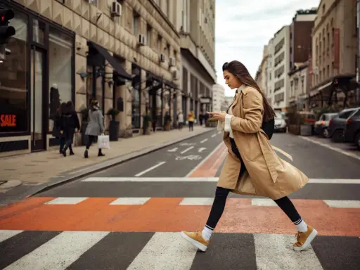 Kobieta w beżowym płaszczu i żółtych sneakersach przechodzi przez pasy. Idealne buty do trencza na miejski spacer.