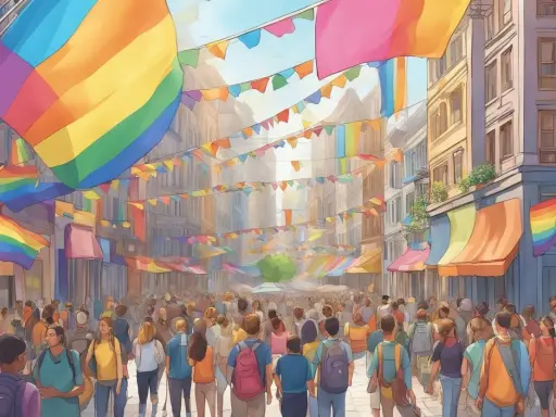 A vibrant street scene filled with people and rainbow flags, celebrating pride. This could be one of the gayest cities in Europe during a festival.