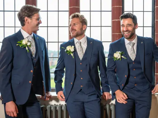 Three groomsmen in navy suits with floral ties and boutonnieres, ready for the usher wedding.