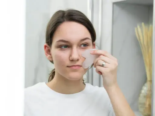 Une jeune femme utilise un gua sha pour un massage facial, un remède de grand-mère pour un visage gonflé.