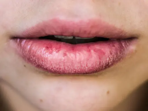 Labbra secche e screpolate, con segni di irritazione. Le cause possono essere molteplici, dal freddo alla disidratazione.