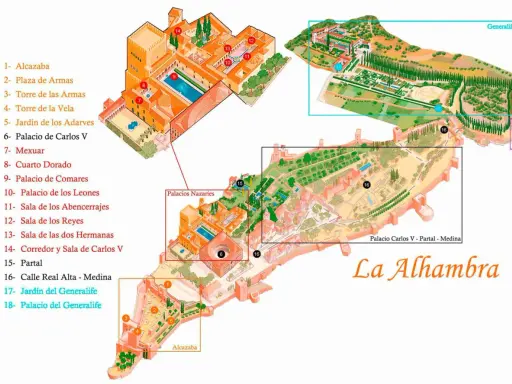 Detailplan der Alhambra in Granada. Zeigt die Alcazaba, die Nasridenpaläste und den Generalife-Garten mit nummerierten Sehenswürdigkeiten.
