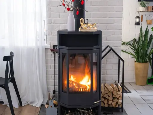 Un **four norvégien** moderne crépite de flammes, réchauffant un salon décoré de cœurs rouges et d'une enseigne "love".