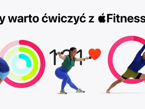 Trzy osoby ćwiczą, a obok nich widnieją kolorowe pierścienie aktywności i serce. Czy warto ćwiczyć z Apple Fitness+?