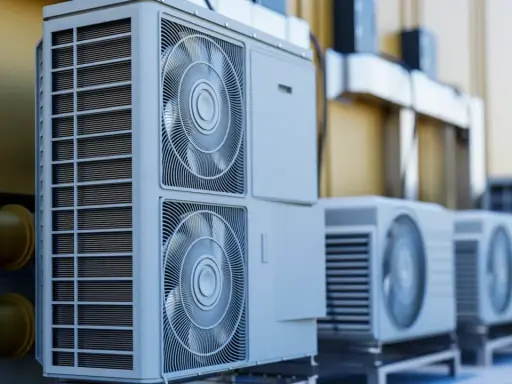 Unidades exteriores de aerotermia R290, con ventiladores y rejillas, alineadas junto a una pared amarilla y tuberías.