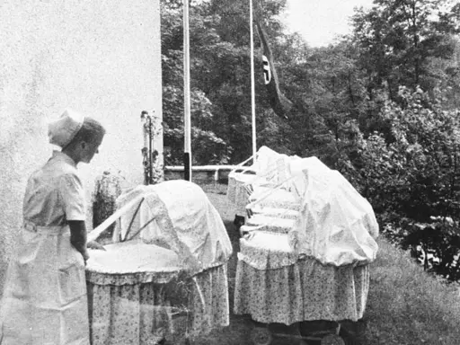 Pielęgniarka przy wózkach dziecięcych. Flaga nazistowska w tle. To obrazek z czasów Lebensborn, co to za program?