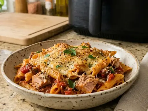 Un plato de macarrones con atún gratinados, con trozos de pescado y salsa de tomate, decorado con perejil fresco.