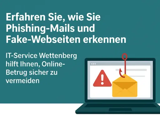 Schutz vor Social Engineers: Ein Laptop zeigt eine Phishing-Mail, die von einem Haken gefischt wird. IT-Service Wettenberg hilft, Online-Betrug zu vermeiden.