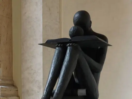 Statua di una figura che legge un libro, con un bambino appoggiato. Un'immagine che evoca il "sursum corda traduzione" della conoscenza.