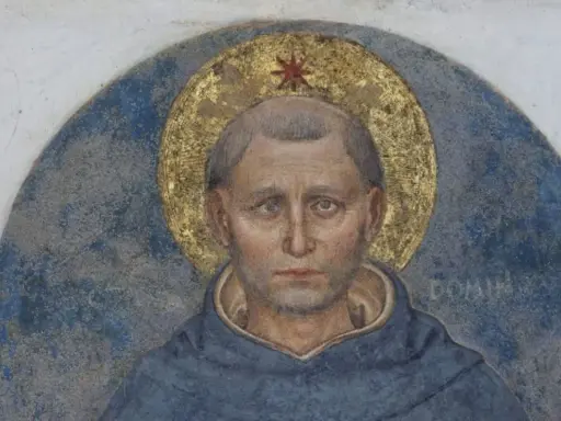 Portret św. Dominika z atrybutami: złota aureola z gwiazdą, niebieski habit.