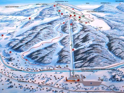 Mapa ośrodka narciarskiego z trasami, wyciągami i budynkami. Widoczna kolejka na Palenicę, szlaki piesze i granica państwa.