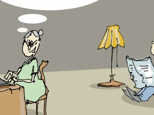 Starsza pani przy laptopie myśli o prawie administracyjnym, podczas gdy jej mąż czyta gazetę.
