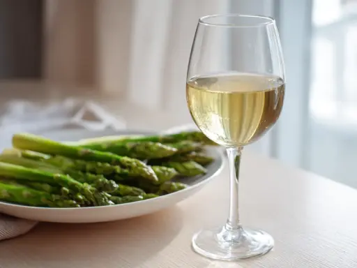 En tallrik med färsk grön sparris bredvid ett glas vitt vin. Perfekt kombination för en lätt och fräsch måltid.