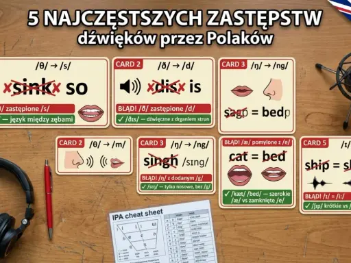 Karty z błędami wymowy po angielsku: jak się wymawia po angielsku "sink" zamiast "think", "dis" zamiast "this", "sing" zamiast "singh", "cat" zamiast "bed", "ship" zamiast "sheep".