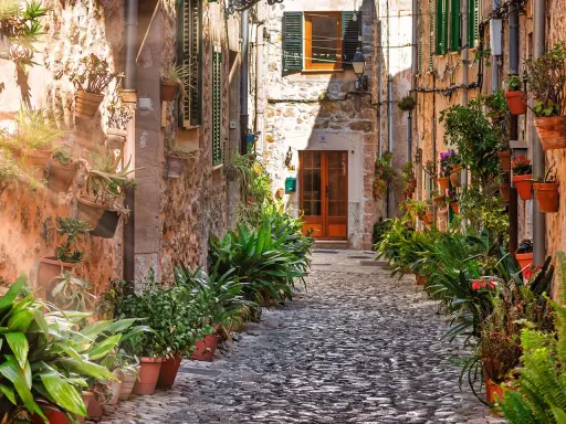 Malerische Gasse in Valldemossa, Mallorca, gesäumt von blühenden Pflanzen in Töpfen an steinernen Hauswänden.