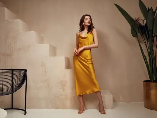 Elegancka, żółta sukienka na ramiączkach pięknie układa się na modelce. Dowiedz się, co zrobić, żeby sukienka się nie elektryzowała.
