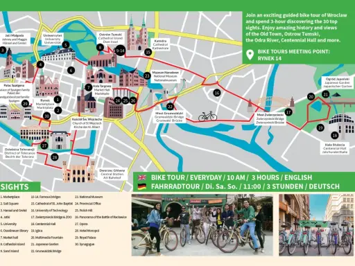 Mapa Wrocławia z zaznaczoną trasą rowerową. Zobacz Rynek, Ostrów Tumski i inne atrakcje.