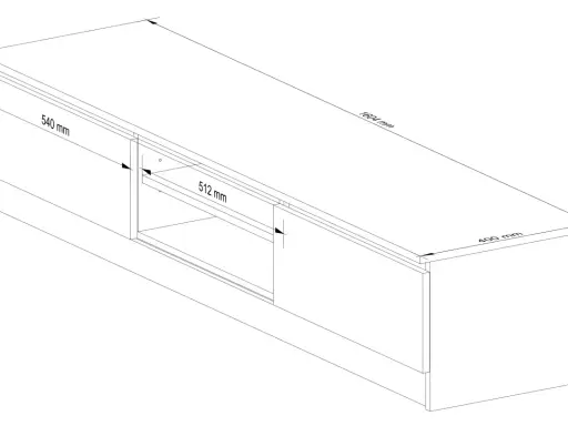 Rysunek techniczny szafki RTV. Wymiary: 1604x400x334 mm. Wysokość szafki RTV to 334 mm.