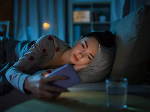 Une jeune femme dans son lit, le visage éclairé par son téléphone. Trop d'écrans, conséquences sur le sommeil.