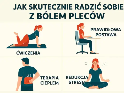 Ćwiczenia na odcinek lędźwiowy, prawidłowa postawa, terapia ciepłem i redukcja stresu pomagają w walce z bólem pleców.