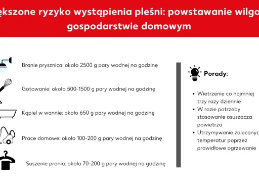 Jak zwiększyć wilgotność powietrza w domu? Obraz pokazuje źródła pary wodnej (prysznic, gotowanie, kąpiel, prace domowe, suszenie prania) i porady dotyczące jej redukcji.