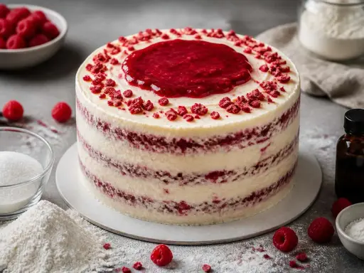 Un délicieux bavarois framboise, orné de fruits rouges et de poudre, prêt à être dégusté.