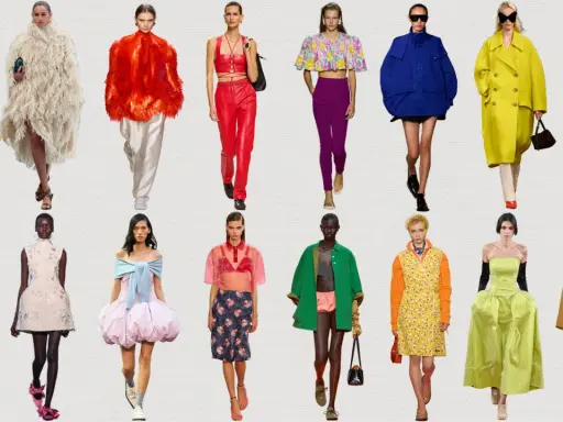 A collage of models showcasing bold 2026 fashion trends: voluminous silhouettes, vibrant colors, and unique textures.