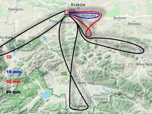 Trasy lotów z Krakowa do Wieliczki (15 i 30 min) oraz dłuższe, 60-minutowe loty w kierunku południowym, obejmujące m.in. Zakopane.