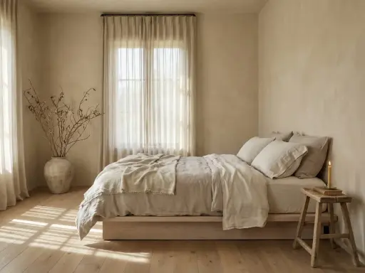 Camera da letto con pareti color sabbia, letto con biancheria in lino beige, vaso con rami secchi e candela. Ideale per capire quali pareti dipingere in una stanza.