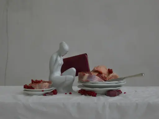 A white porcelain figure contemplates raw meat and red currants, a scene reminiscent of Evelyn Bencicova's still lifes.