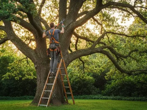 Un élagueur sur une échelle taille un grand arbre. Il montre comment élaguer un arbre pour une meilleure santé et forme.