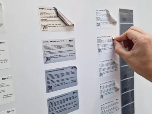 Ręka zrywa etykietę z folii, która jest surowcem dla drukarni. Widać różne rodzaje folii, m.in. srebrną matową i białą błyszczącą.