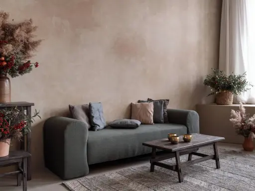 Gemütliches Wohnzimmer mit Sofa, Holztisch und rustikalen Dekorationen vor einer Wand mit **lime wash**-Oberfläche.