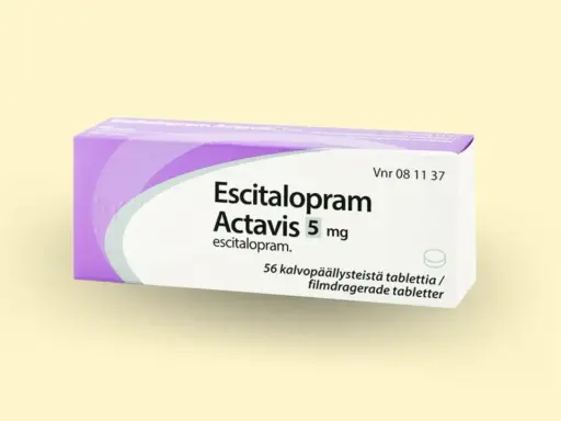 Opakowanie Escitalopram Actavis 5 mg. Przed rozpoczęciem stosowania warto zapoznać się z potencjalnymi lexapro skutki uboczne.