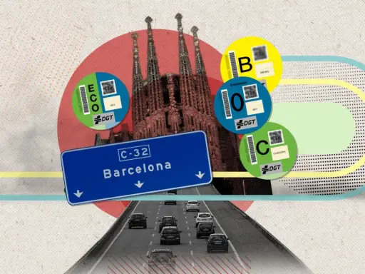 Pegatinas DGT indican que coches pueden entrar en Barcelona. La Sagrada Familia y la señal de tráfico de Barcelona aparecen en la imagen.
