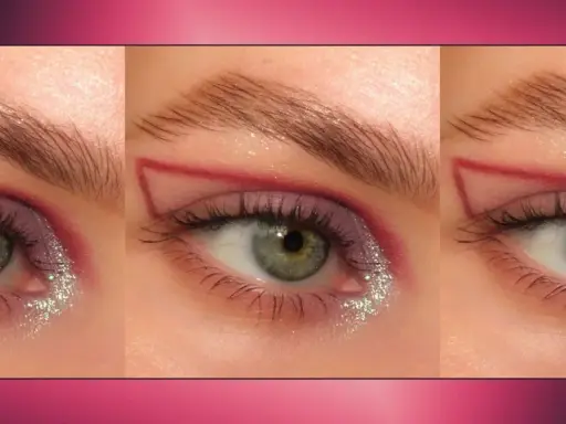 Ojos monolid con delineado gráfico rojo, sombra morada y glitter plateado.