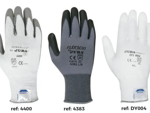 Tres tipos de guantes de protección: blanco con dedos grises, gris con dedos negros y blanco liso. Cada uno con su referencia y certificaciones.