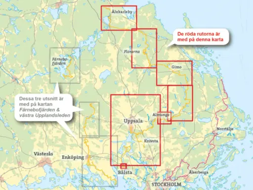 Karta över Upplandsleden med markerade områden kring Uppsala, Älvkarleby och Gimo. Röda rutor visar kartans utsnitt.