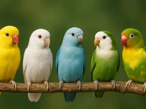 Cinque inseparabili colorati, giallo, bianco, azzurro, verde e giallo-verde, siedono su un ramo.